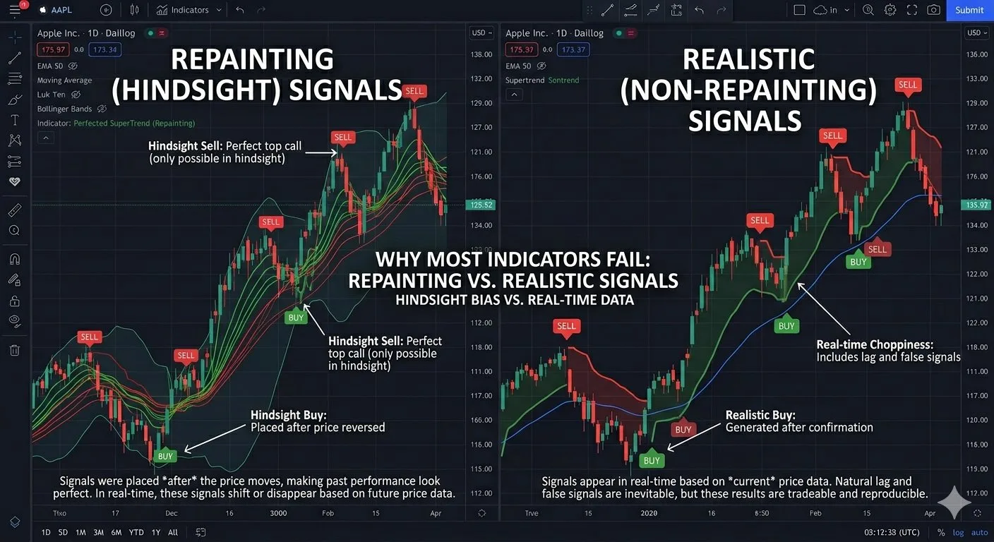 Repainting vs non-repainting TradingView indicators — hindsight signals vs realistic signals