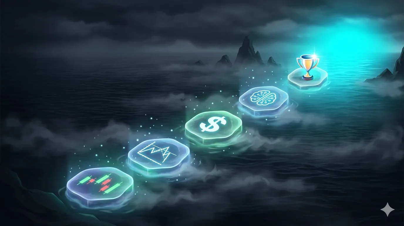 Learn trading roadmap 2026 - six stages from candlestick basics through chart patterns to consistent profitability